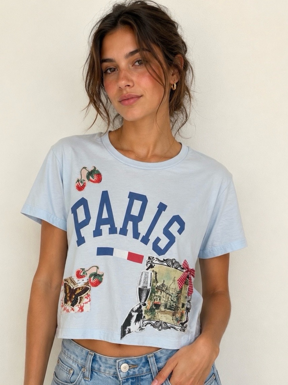 Upcycled Paris Graphic Short Sleeve Tee - Light Blue